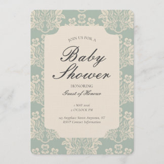 Vintage Floral Damask Baby Shower Cyan Beige Invitation