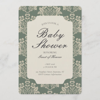Vintage Floral Damask Baby Shower Green Beige Invitation