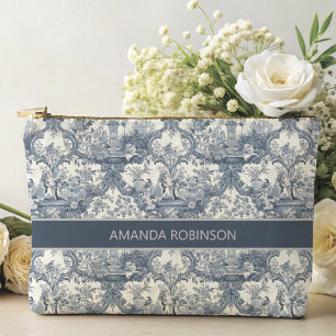Vintage floral damask Blue toile de jouy monogram Accessory Pouch