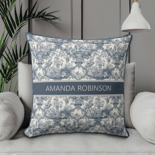 Vintage floral damask Blue toile de jouy monogram Cushion