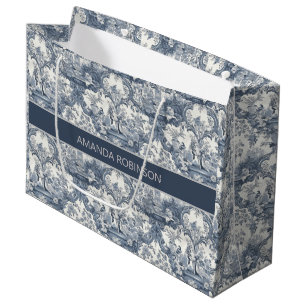 Vintage floral damask Blue toile de jouy monogram Large Gift Bag