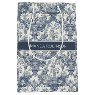 Vintage floral damask Blue toile de jouy monogram Medium Gift Bag