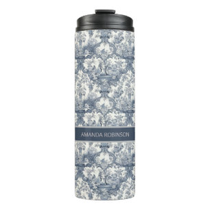 Vintage floral damask Blue toile de jouy monogram Thermal Tumbler