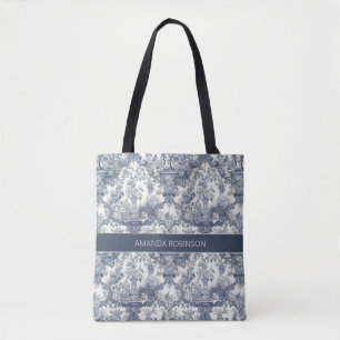Vintage floral damask Blue toile de jouy monogram Tote Bag