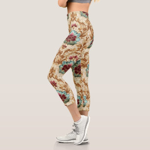 Vintage Floral Damask in Turquoise and Burgundy Capri Leggings