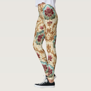 Vintage Floral Damask in Turquoise and Burgundy Leggings