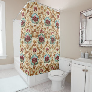 Vintage Floral Damask in Turquoise and Burgundy Shower Curtain