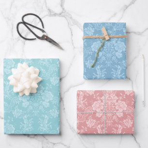 Vintage Floral Damask-Pastel Mint, Pink, Blue Wrapping Paper Sheet