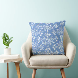 Vintage Floral Damask White and Cornflower Blue Cushion