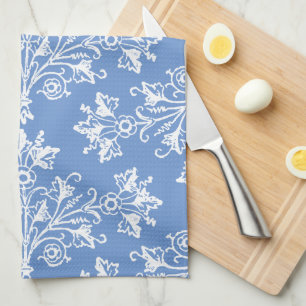 Vintage Floral Damask White and Cornflower Blue Tea Towel