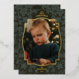 Vintage Floral Dark Green Christmas Photo Foil Holiday Card