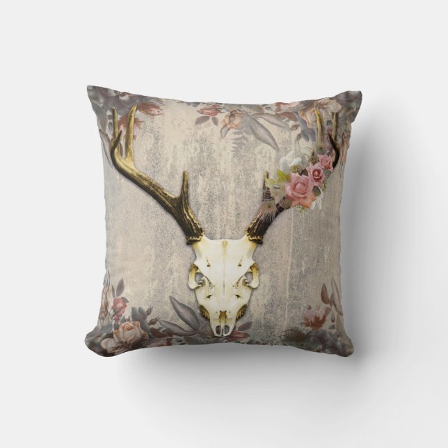 Vintage Floral Deer Skull Cushion (Front)