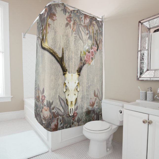 Vintage Floral Deer Skull Shower Curtain (In Situ)