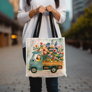 Vintage Floral Delivery Truck Art Tote Bag