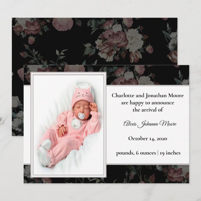 Vintage Floral Design Birth Announcement (Front/Back)