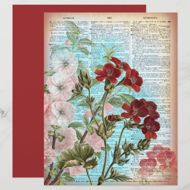 Vintage Floral Dictionary Page Scrapbook Paper (Front/Back)