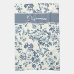 Vintage Floral Dog Pattern with Custom Name Tea Towel
