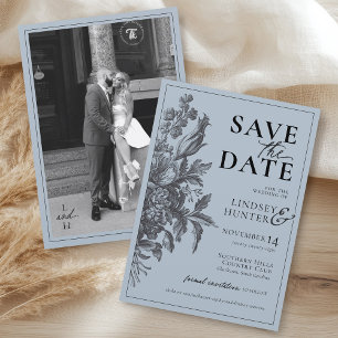 Vintage Floral Dusty Blue Black Boho Photo Wedding Save The Date