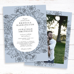 Vintage Floral Dusty Blue Photo Wedding Invitation