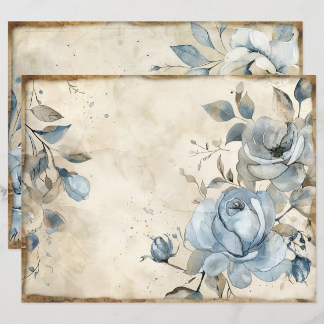 Vintage Floral Dusty Blue Roses Scrapbook Paper (Front/Back)