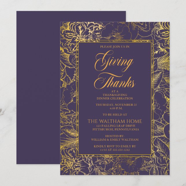 Vintage Floral Eggplant Gold Thanksgiving Dinner Invitation (Front/Back)