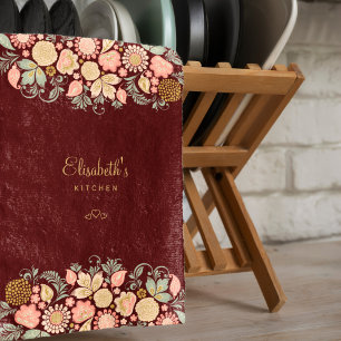 Vintage floral elegant burgundy tea towel