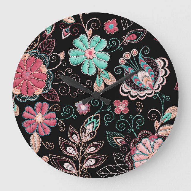 Vintage Floral Embroidery Dark Pattern Large Clock (Front)