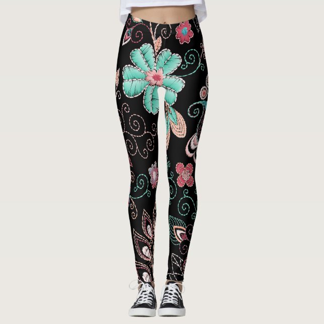 Vintage Floral Embroidery Dark Pattern Leggings (Front)