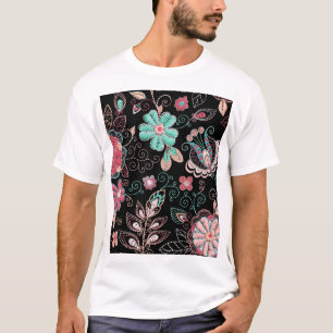 Vintage Floral Embroidery Dark Pattern T-Shirt
