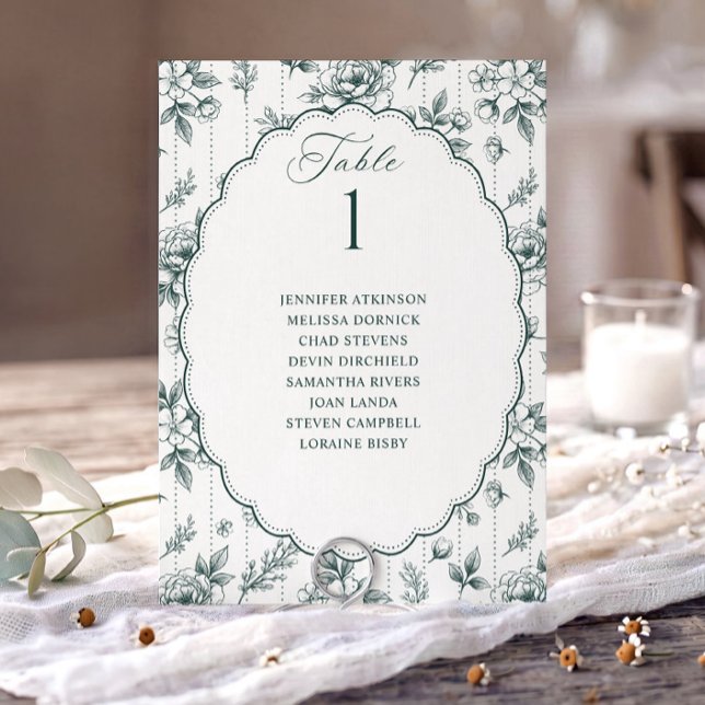 Vintage Floral Emerald Green Wedding Seating Chart (Emerald green French floral wedding seating chart card with oval scalloped frame.)