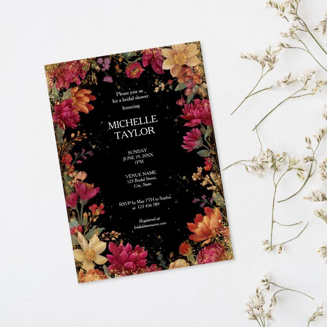 Vintage  Floral Enchanted Garden Elegant  Invitation (vintage colorful floral frame with gold glitter, bridal shower invitation)