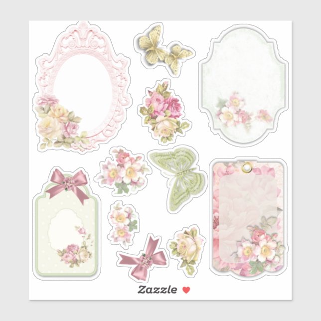 Vintage Floral Ephemera Scrapbook Sticker Sheet  (Sheet)