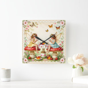 Vintage floral fairy picnic garden square wall clock