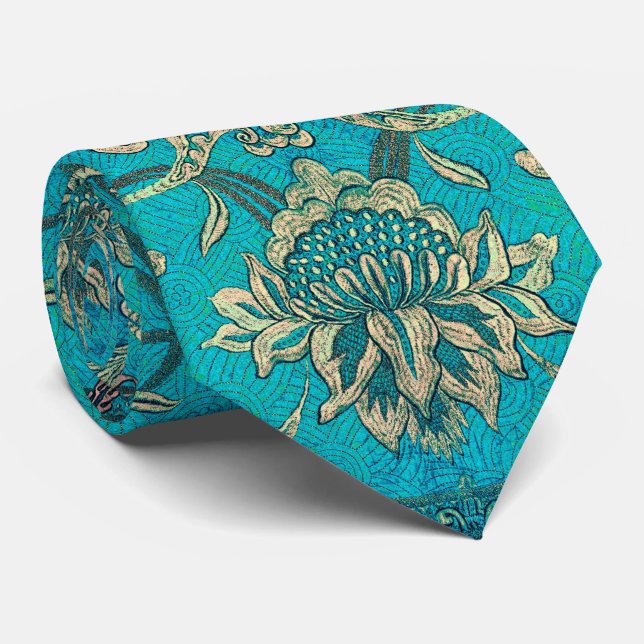 Vintage Floral Faux Gold & Blue Teal Ornament Tie (Rolled)