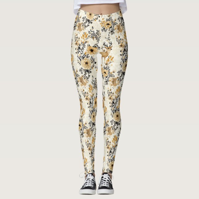 Vintage Floral Fawn Pattern Leggings (Front)