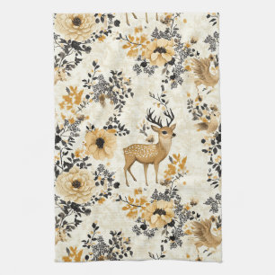 Vintage Floral Fawn Pattern Tea Towel