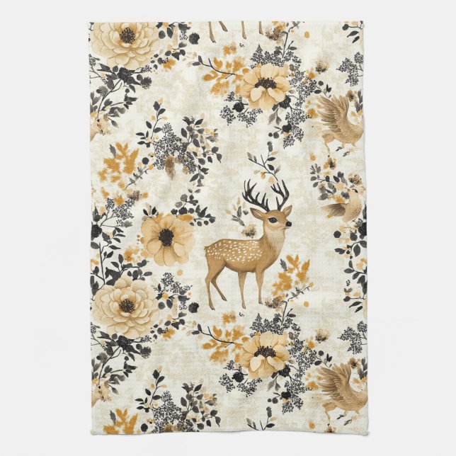 Vintage Floral Fawn Pattern Tea Towel (Vertical)
