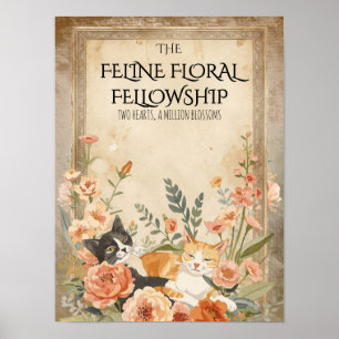 Vintage Floral Feline Cottagecore Botanical Art Poster