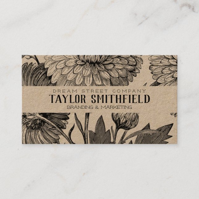 Vintage Floral Fine Line Kraft Business Card (Front)