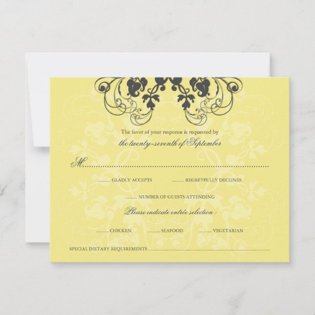 Vintage Floral Flourish Charcoal Yellow RSVP Card (Front)
