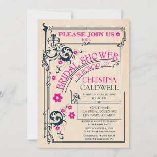 Vintage Floral Flourish Navy Magenta Bridal Shower Invitation