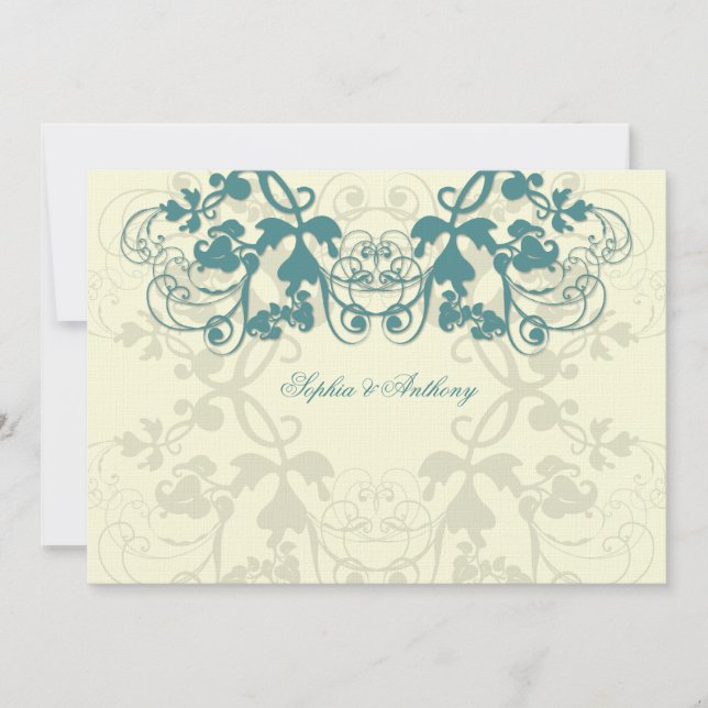 Vintage Floral Flourish Teal Blue Wedding Invite (Front)