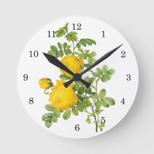 Vintage Floral Flowers, Yellow Roses by Redoute Round Clock