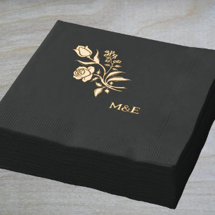 Vintage Floral - folk art black gold Foil Napkins