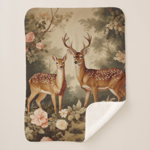 Vintage Floral Forest Deer Sherpa Blanket