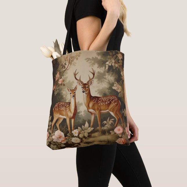 Vintage Floral Forest Deer Tote Bag (Close Up)