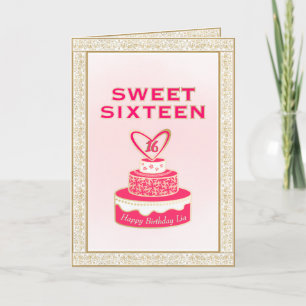 Vintage Floral Frame Sweet Sixteen Gold Pink Cake Card