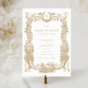 Vintage Floral Frame Vines Toile Gold Wedding Invitation