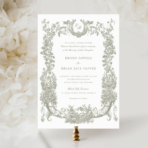 Vintage Floral Frame Vines Toile Sage Wedding Invitation