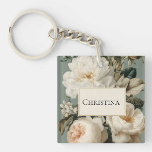 Vintage Floral Frame with Cream and Pink Roses Key Ring